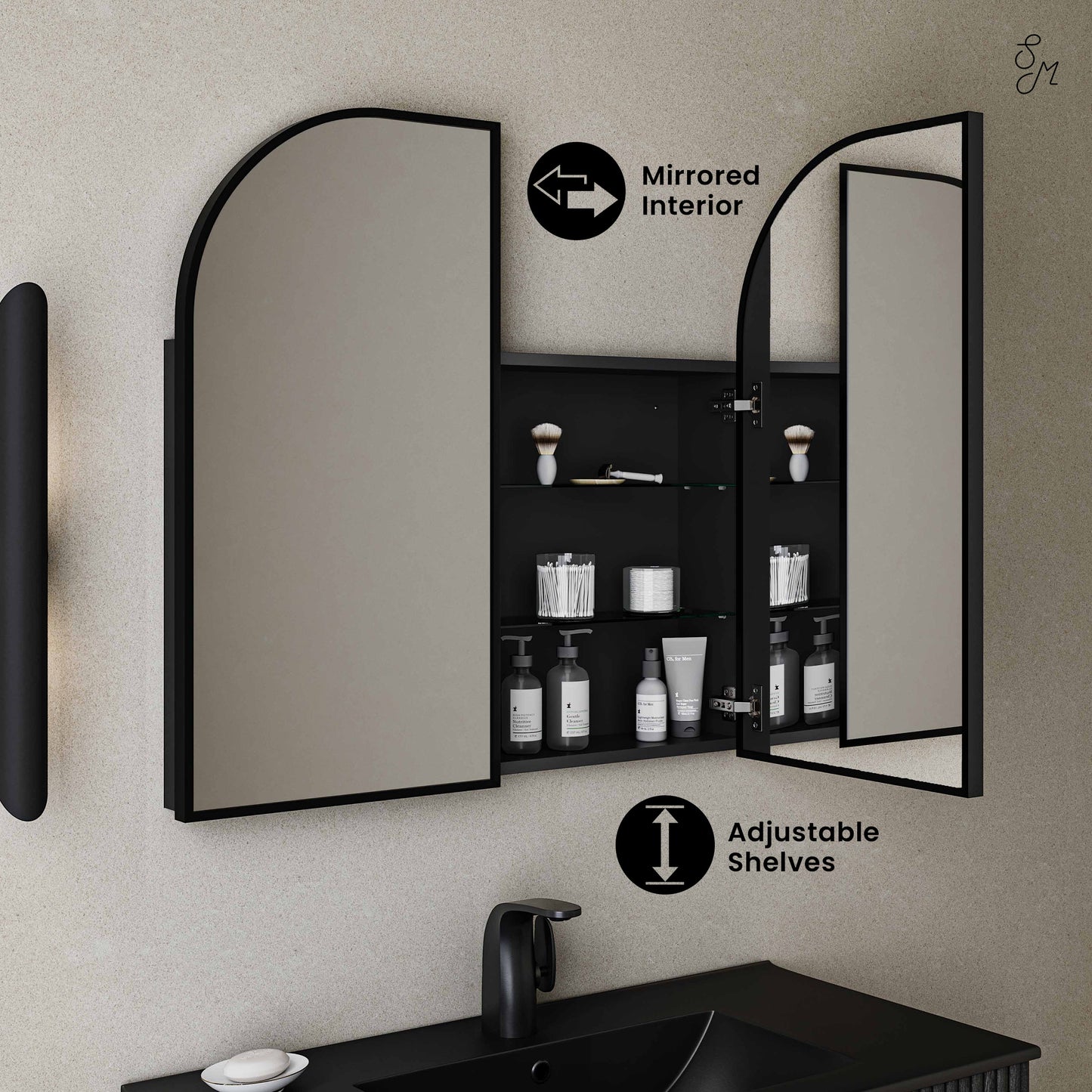 Swiss Madison, Porte 32 x 31 Arched Recessed/Wall Mount Medicine Cabinet with Mirror in Black