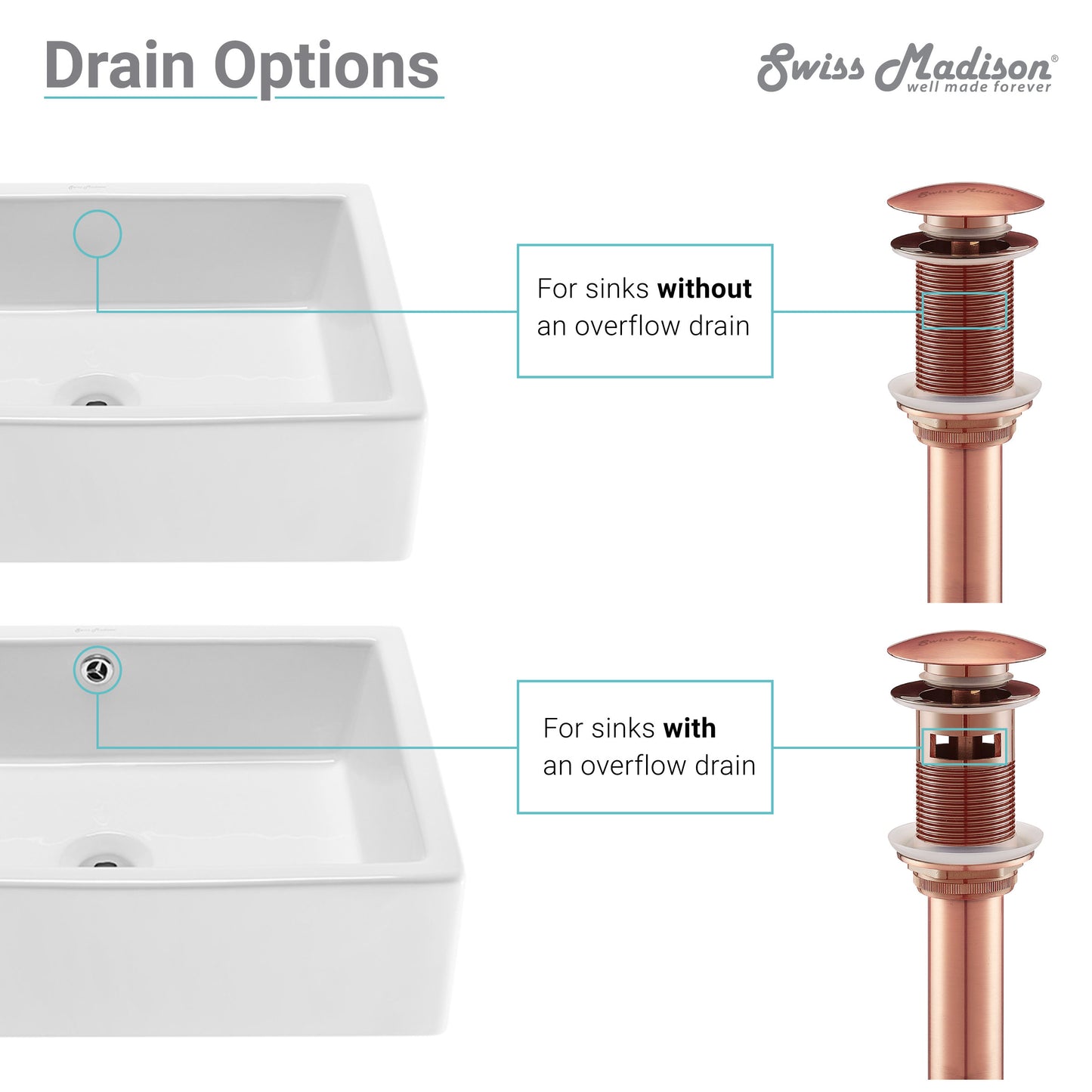 Swiss Madison Residential Non-Overflow Pop 1.75-inch bathroom vanity in Rose Gold — view 2