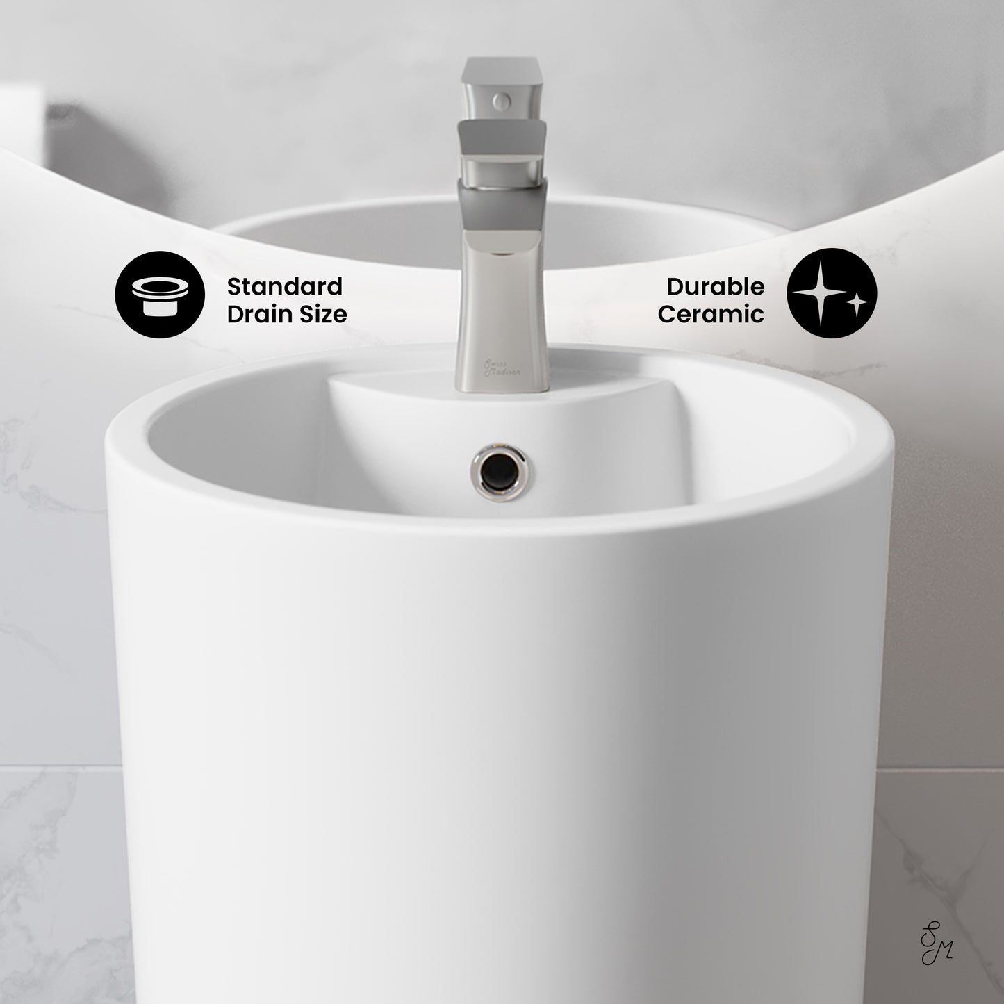 Swiss Madison, Monaco Circular Basin Pedestal Sink in Matte White