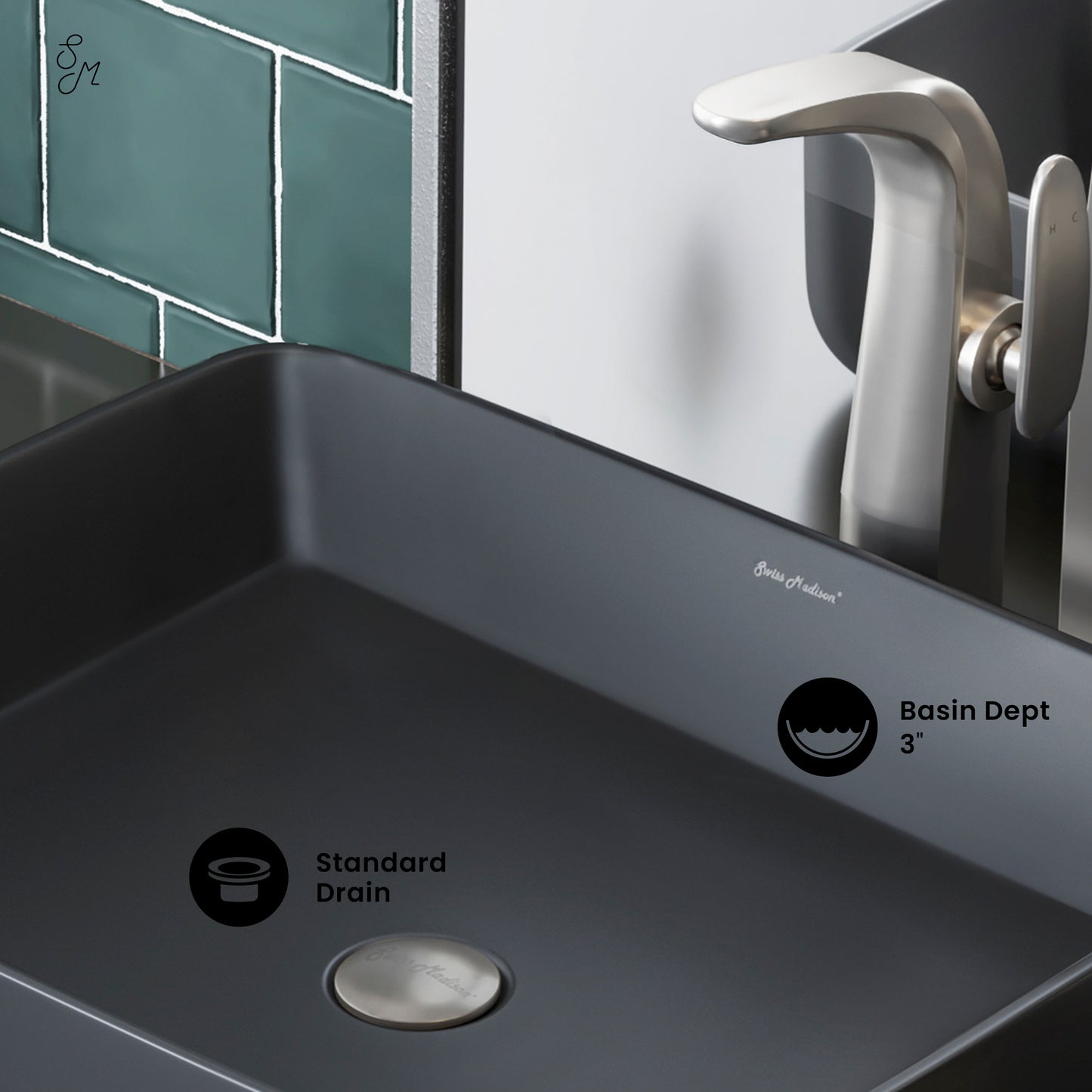 Swiss Madison, Concorde Rectangle Ceramic Vessel Sink, Matte Black