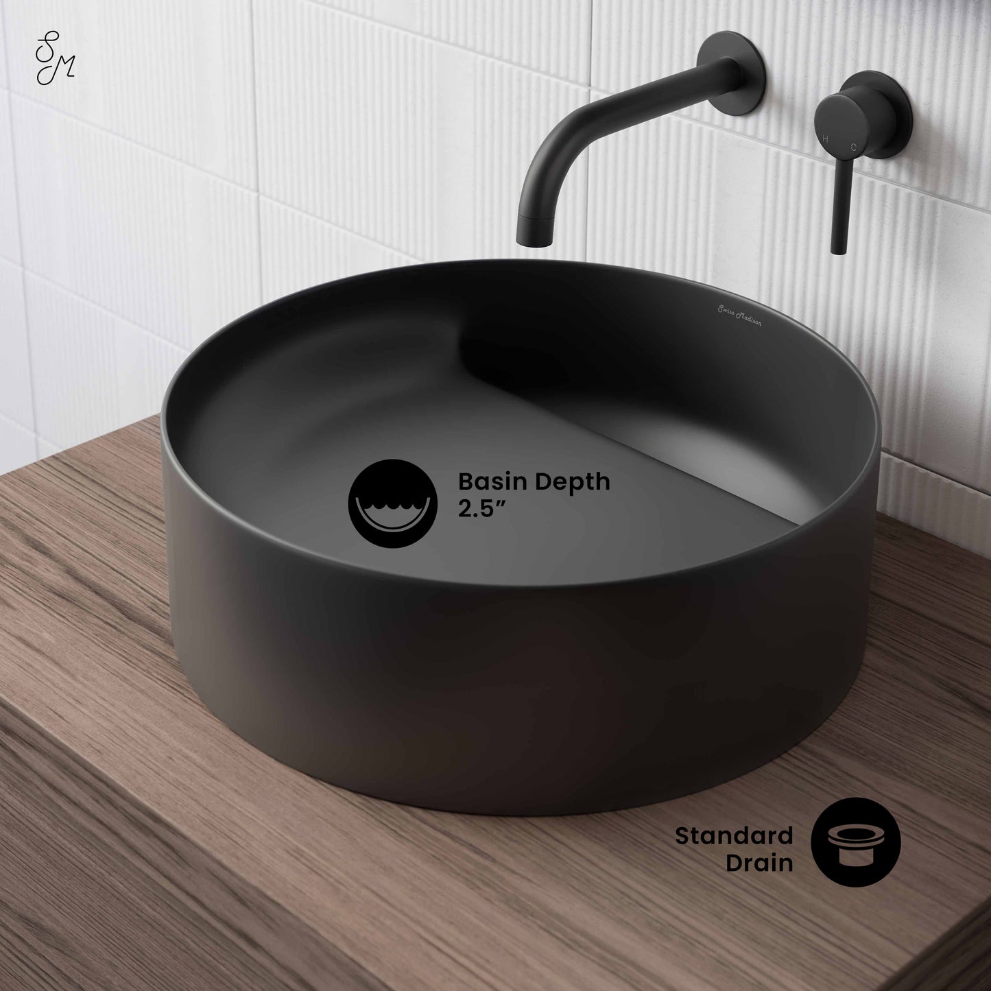 Swiss Madison, Beau 16.5" Round Vessel Bathroom Sink in Matte Black