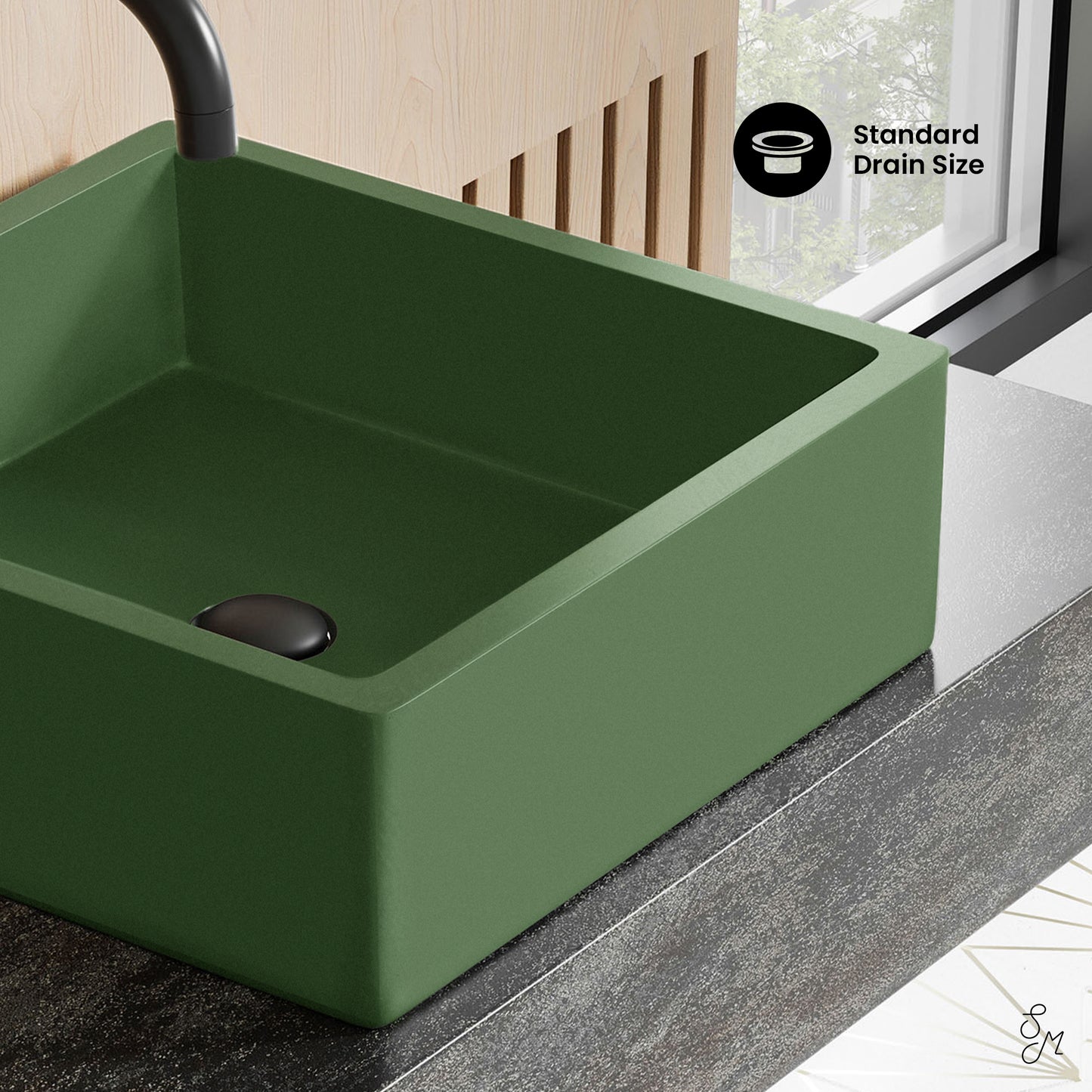 Swiss Madison, Lisse 15.5" Concrete Square Vessel Sink in Matte Royal Green