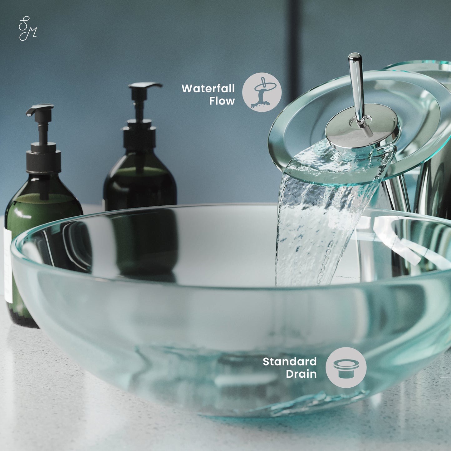 Swiss Madison, Cascade 16.5 Glass Vessel Sink with Faucet, Clear