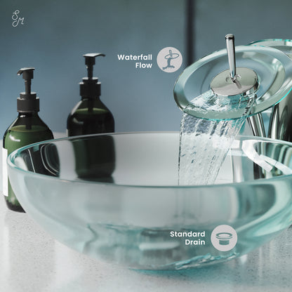 Swiss Madison, Cascade 16.5 Glass Vessel Sink with Faucet, Clear