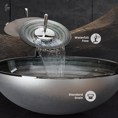 Swiss Madison, Cascade 16.5 Glass Vessel Sink with Faucet, Smoky Grey