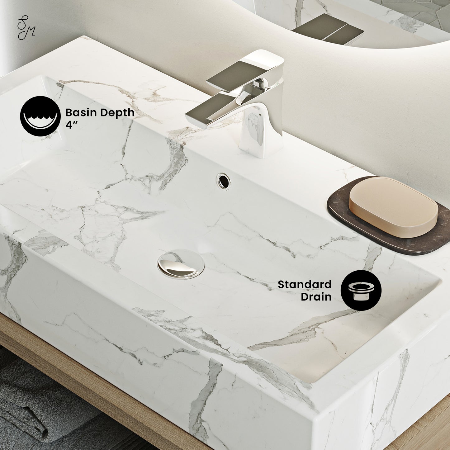 Swiss Madison, Voltaire Wide Rectangle Vessel Sink in White Marble
