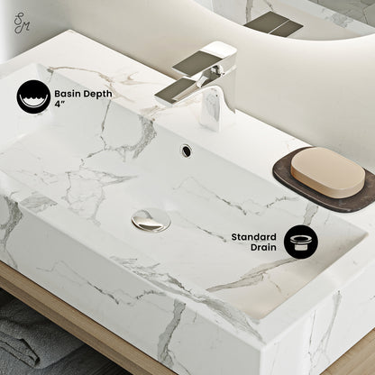 Swiss Madison, Voltaire Wide Rectangle Vessel Sink in White Marble