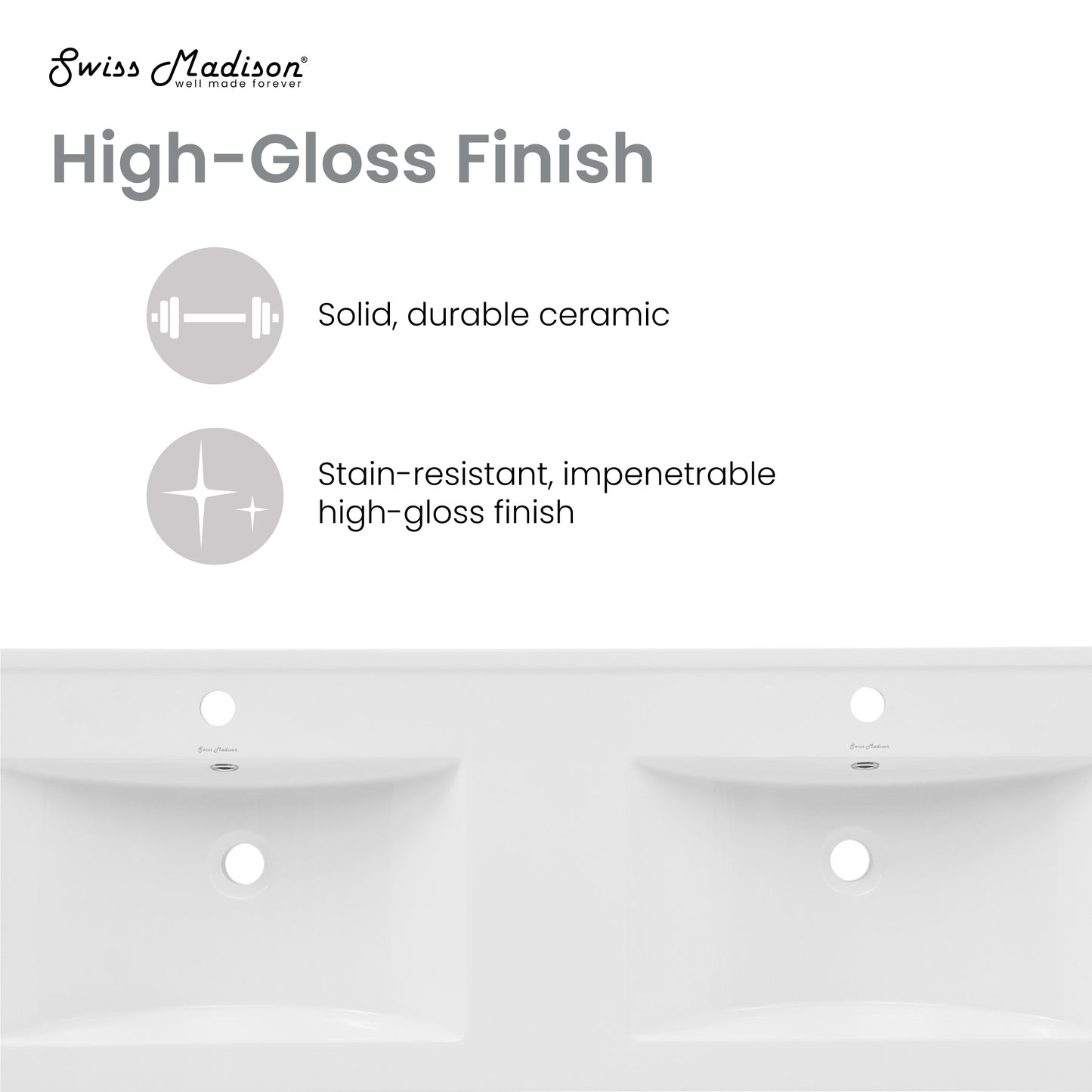 Swiss Madison, 48" Double Basin Vanity Sink Top in Glossy White
