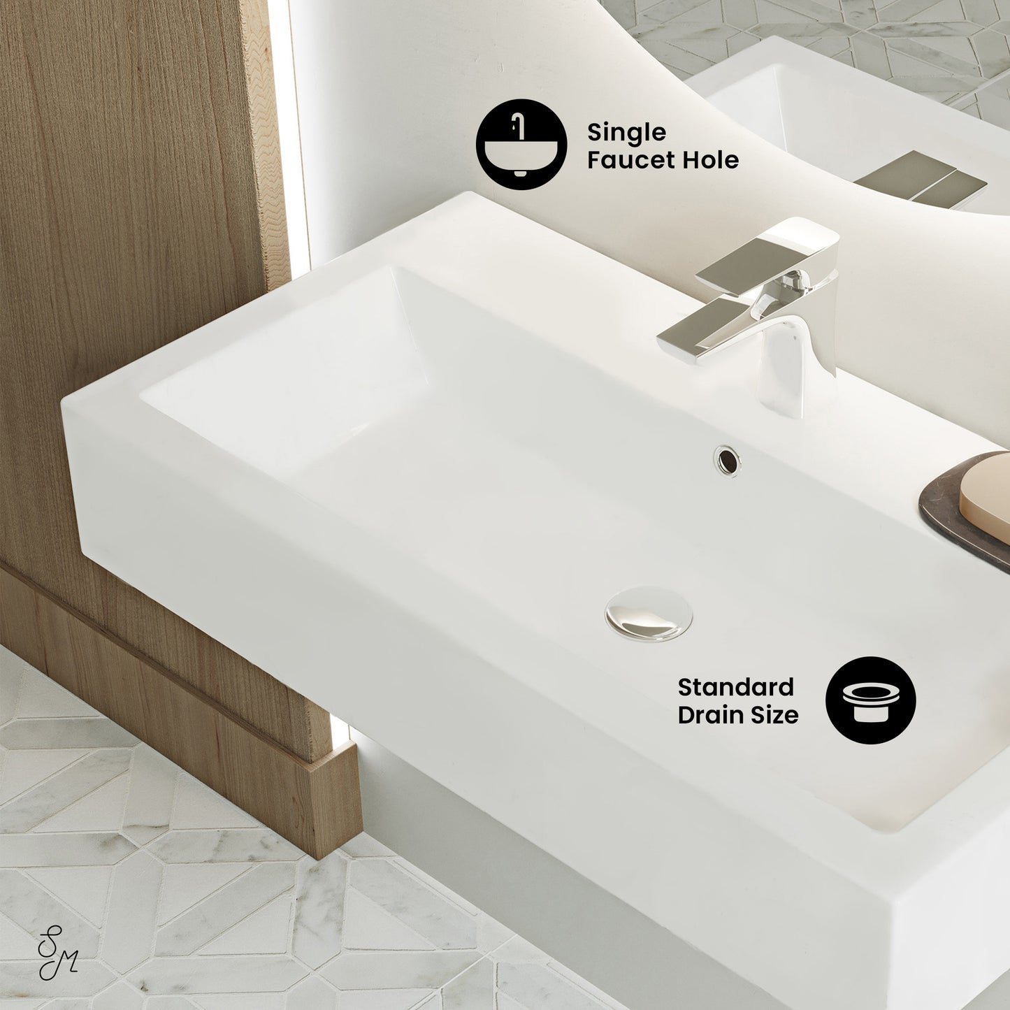 Swiss Madison, Voltaire Wide Rectangle Wall-Mount Sink in Shiny White