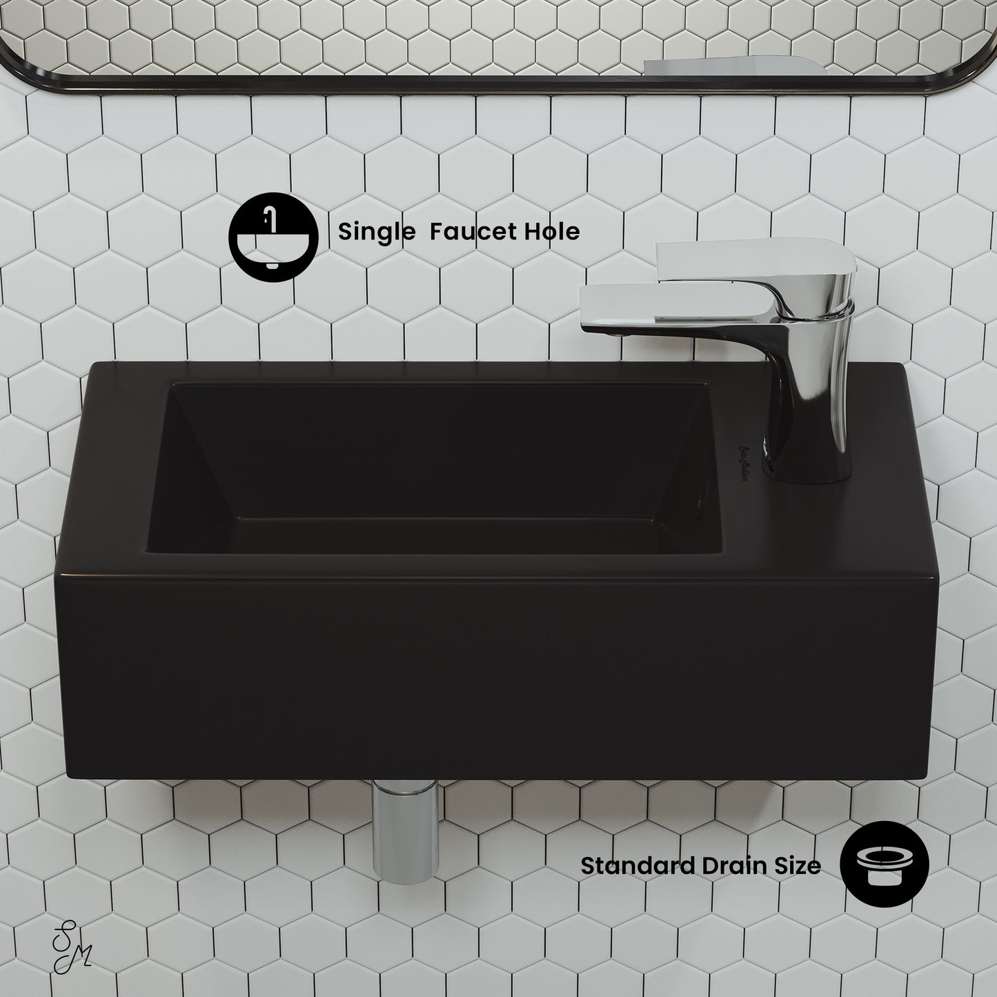 Swiss Madison, Voltaire 19.5 x 10 Rectangular Ceramic Wall Hung Sink with Right Side Faucet Mount, Matte Black
