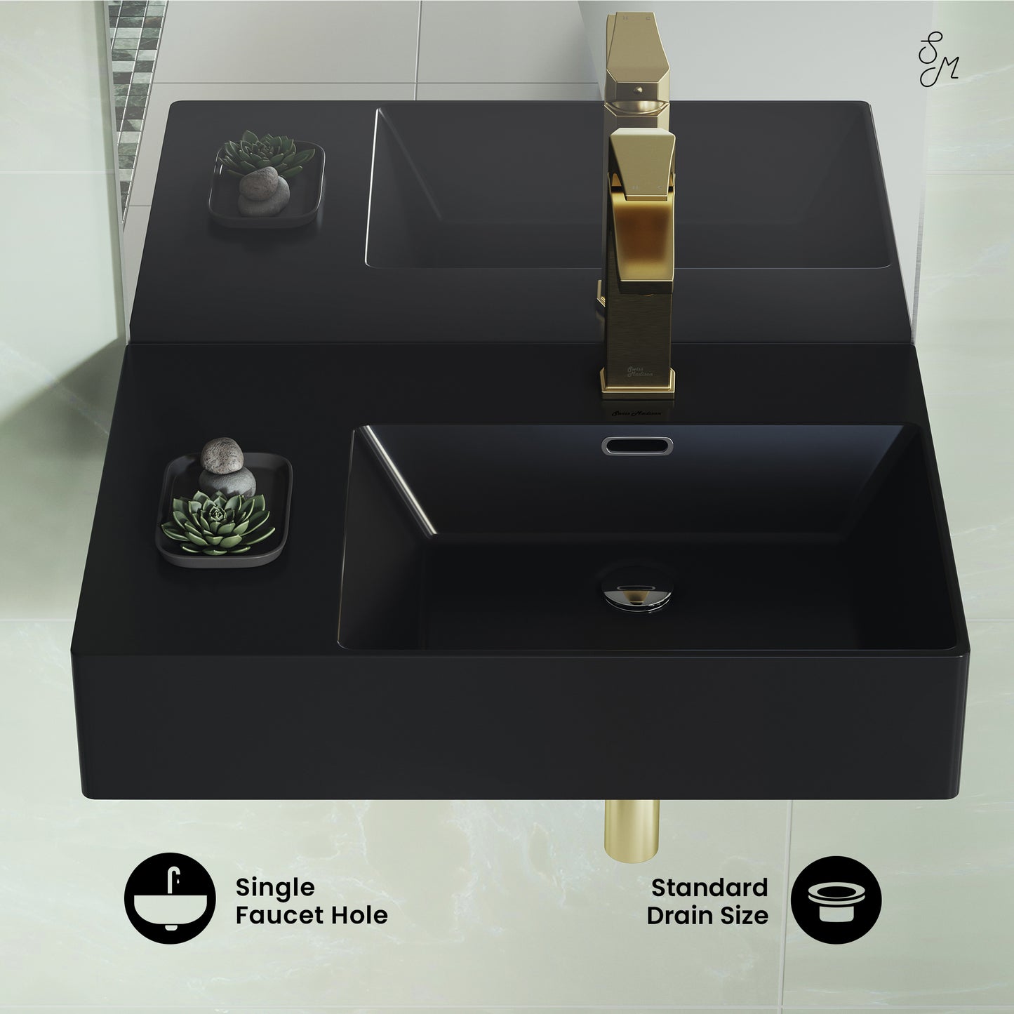 Swiss Madison, St. Tropez 24 x 18 Ceramic Wall Hung Sink with Right Side Mount, Matte Black