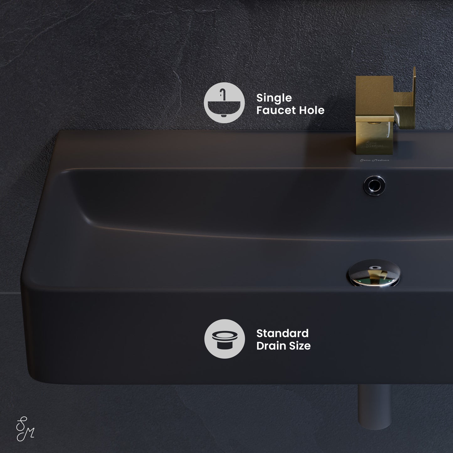 Swiss Madison, Carre 36"  Rectangle Wall-Mount Bathroom Sink in Matte Black