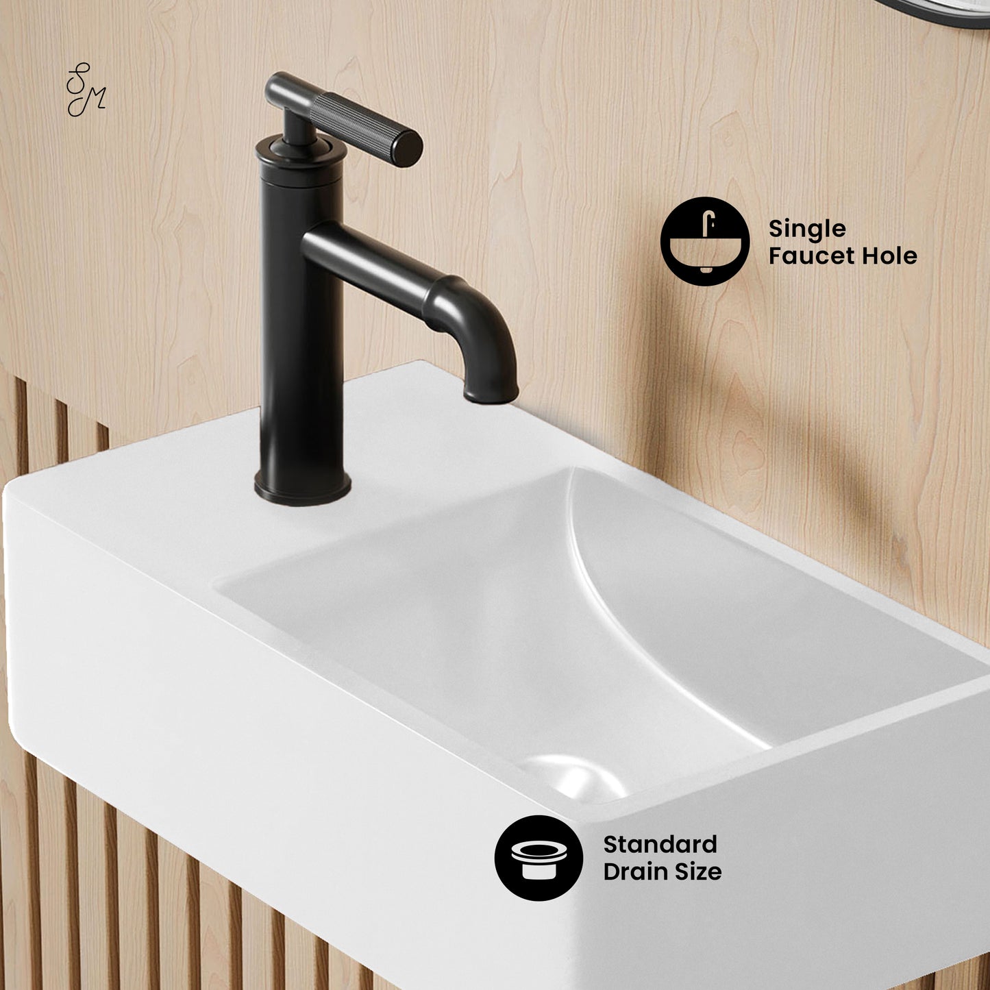 Swiss Madison, Lisse 16" Concrete Rectangle Wall-Mounted Sink with Left Side Faucet Mount in Matte White