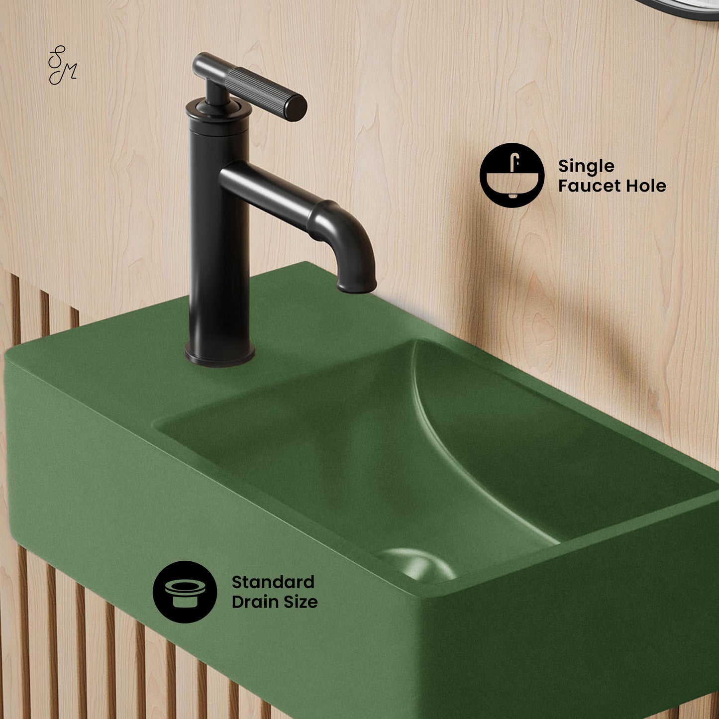 Swiss Madison, Lisse 16" Concrete Rectangle Wall-Mounted Sink with Left Side Faucet Mount in Matte Royal Green