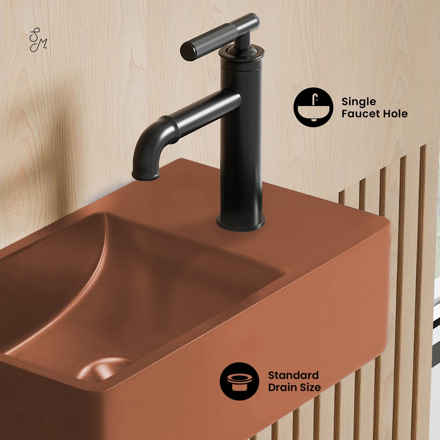 Swiss Madison, Lisse 16" Concrete Rectangle Wall-Mounted Sink with Right Side Faucet Mount in Matte Terracotta