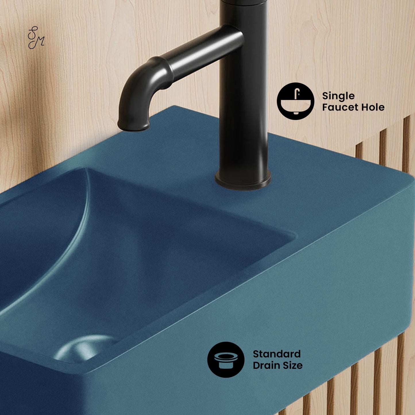Swiss Madison, Lisse 16" Concrete Rectangle Wall-Mounted Sink with Right Side Faucet Mount in Matte Royal Blue