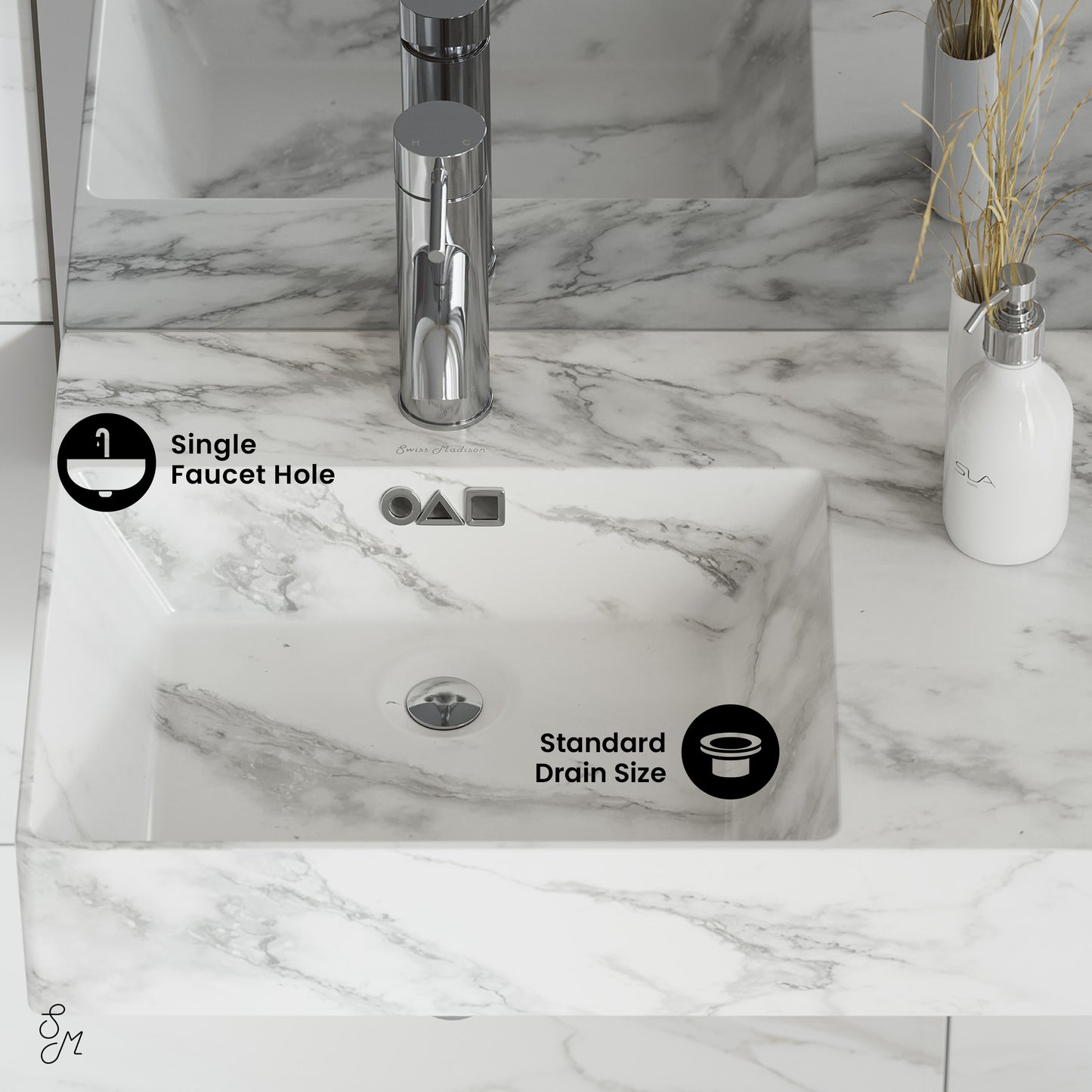 Swiss Madison, St. Tropez 24" Left Side Faucet Wall-Mount Bathroom Sink in White Marble