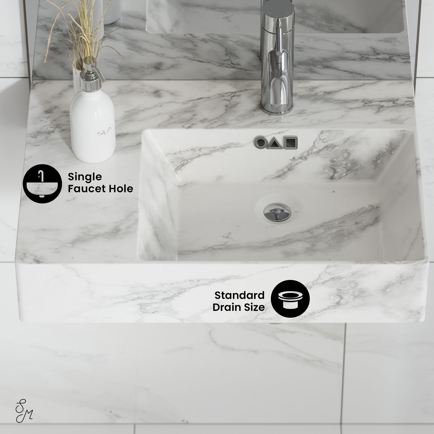 Swiss Madison, St. Tropez 24" Right Side Faucet Wall-Mount Bathroom Sink in White Marble
