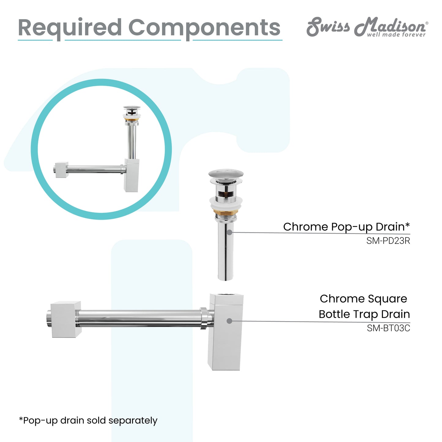 Swiss Madison, Square Bottle Trap Drain, Chrome