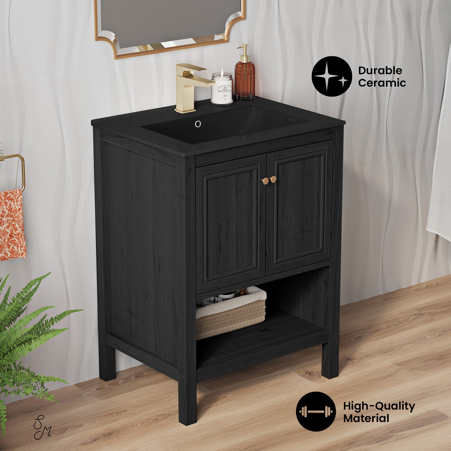 Swiss Madison, Chateau 24" Freestanding Bathroom Vanity in Black Oak with Black Sink Top