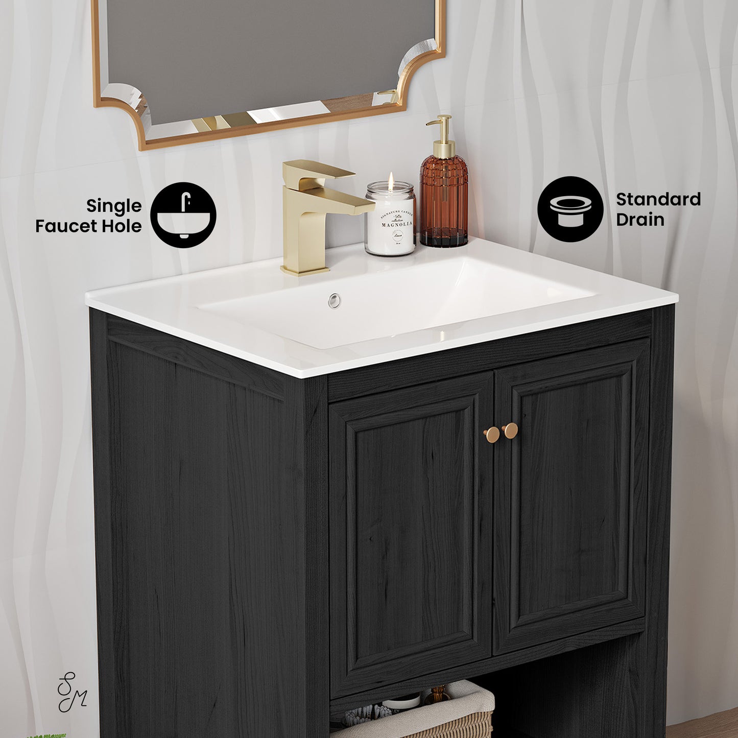 Swiss Madison, Chateau 24" Freestanding Bathroom Vanity in Black Oak with Sink Top