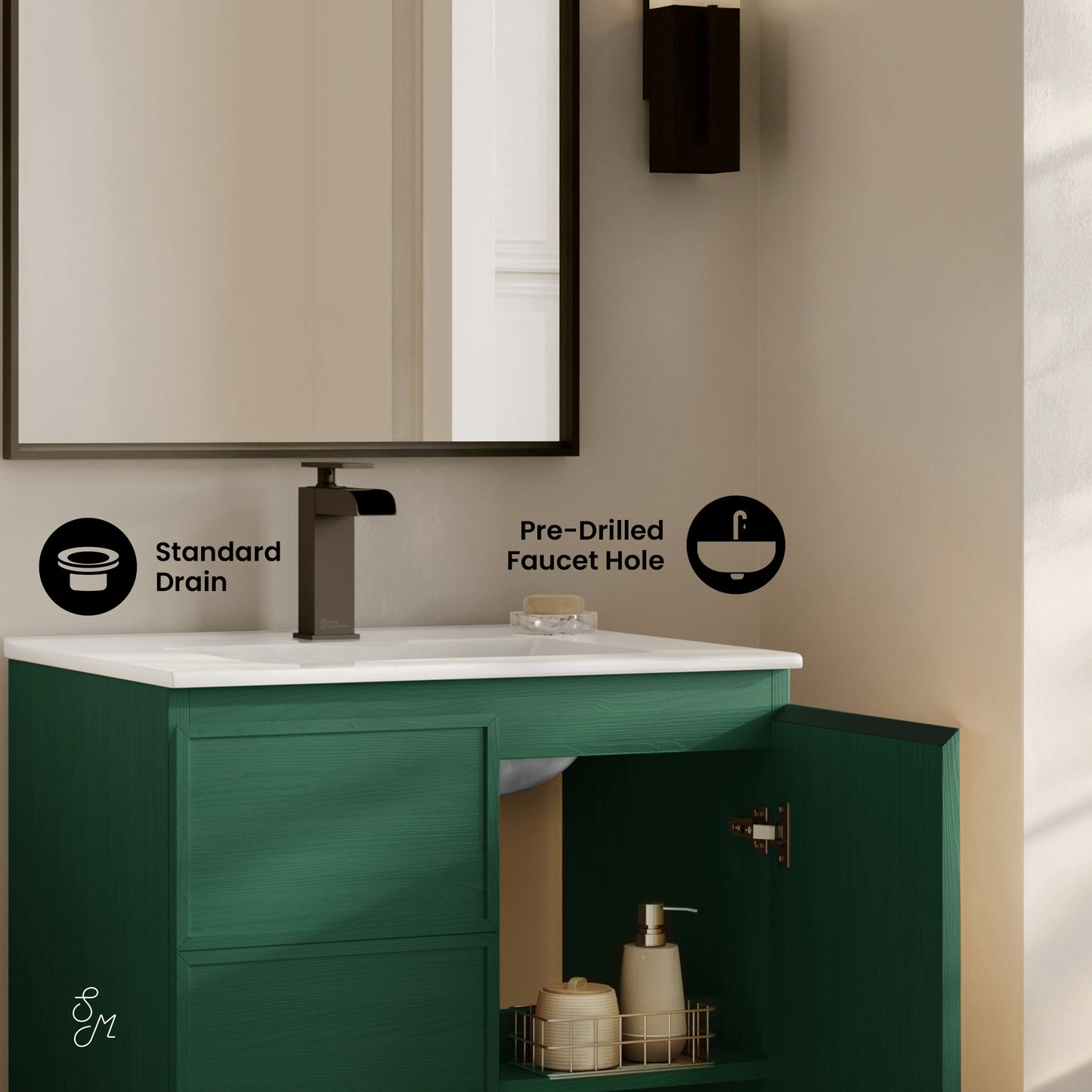 Swiss Madison, St. Tropez 24" Freestanding Bathroom Vanity in Green Oak with Sink Top