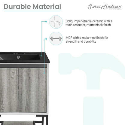 Swiss Madison, Marseille 24 in. Gray Oak Bathroom Vanity With Black, 3-Hole Ceramic Sink Top