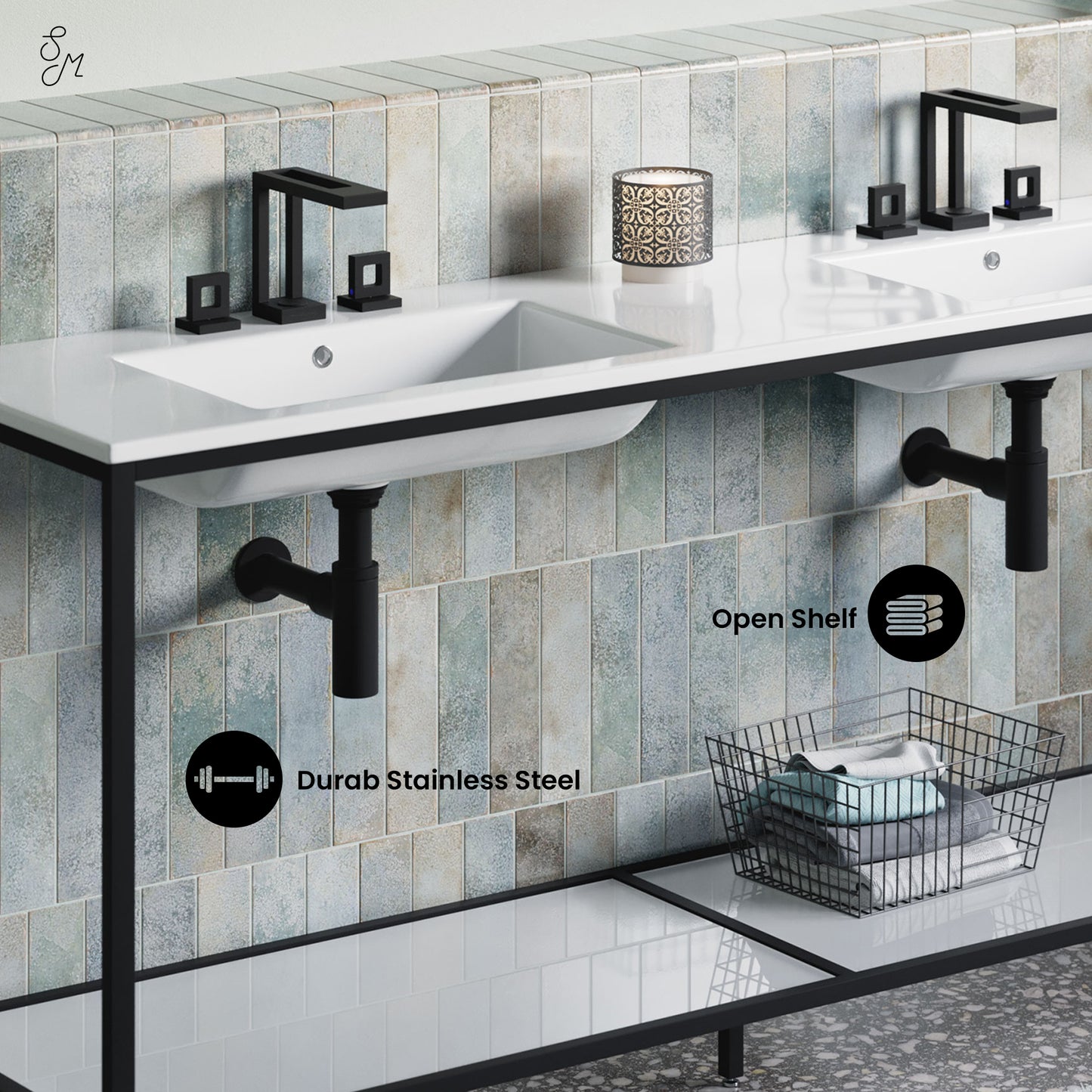 Swiss Madison, Pierre 72 Double, Freestanding, Open Shelf, Matte Black Metal Frame Bathroom Vanity