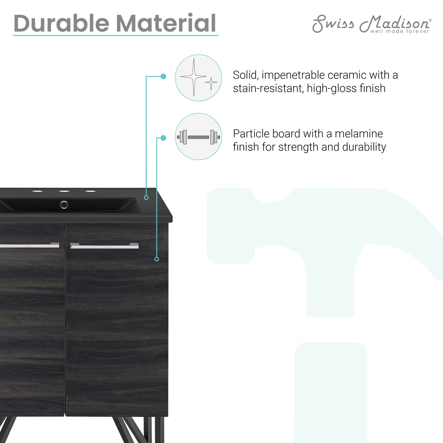 Swiss Madison, Annecy 24 in. Black Walnut Bathroom Vanity With Black, 3-Hole Ceramic Sink Top