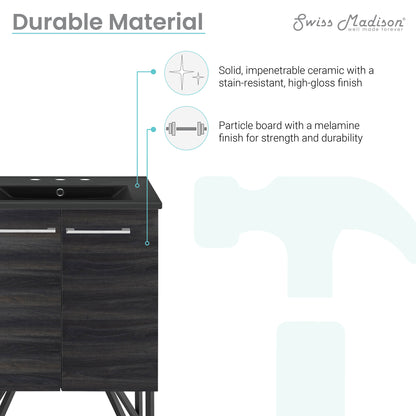 Swiss Madison, Annecy 24 in. Black Walnut Bathroom Vanity With Black, 3-Hole Ceramic Sink Top