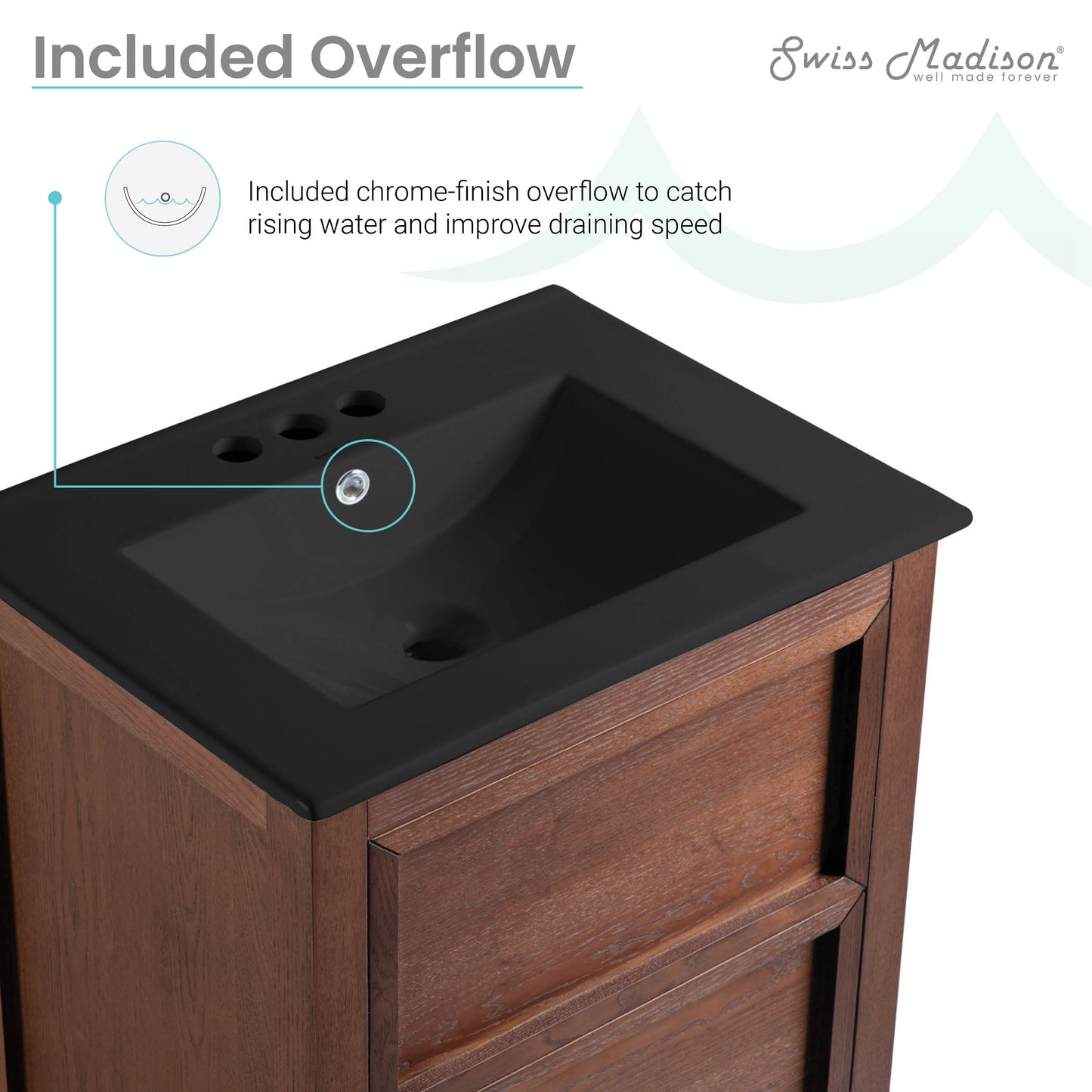 Swiss Madison, Nadar 24 in. Brown Walnut Bathroom Vanity With Black, 3-Hole Ceramic Sink Top
