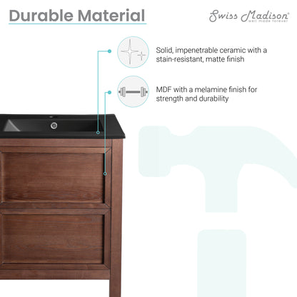 Swiss Madison, Nadar 24 in. Brown Walnut Bathroom Vanity With Black Ceramic Sink Top
