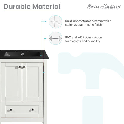 Swiss Madison, Cannes 24 in. White Bathroom Vanity With Black, 3-Hole Ceramic Sink Top