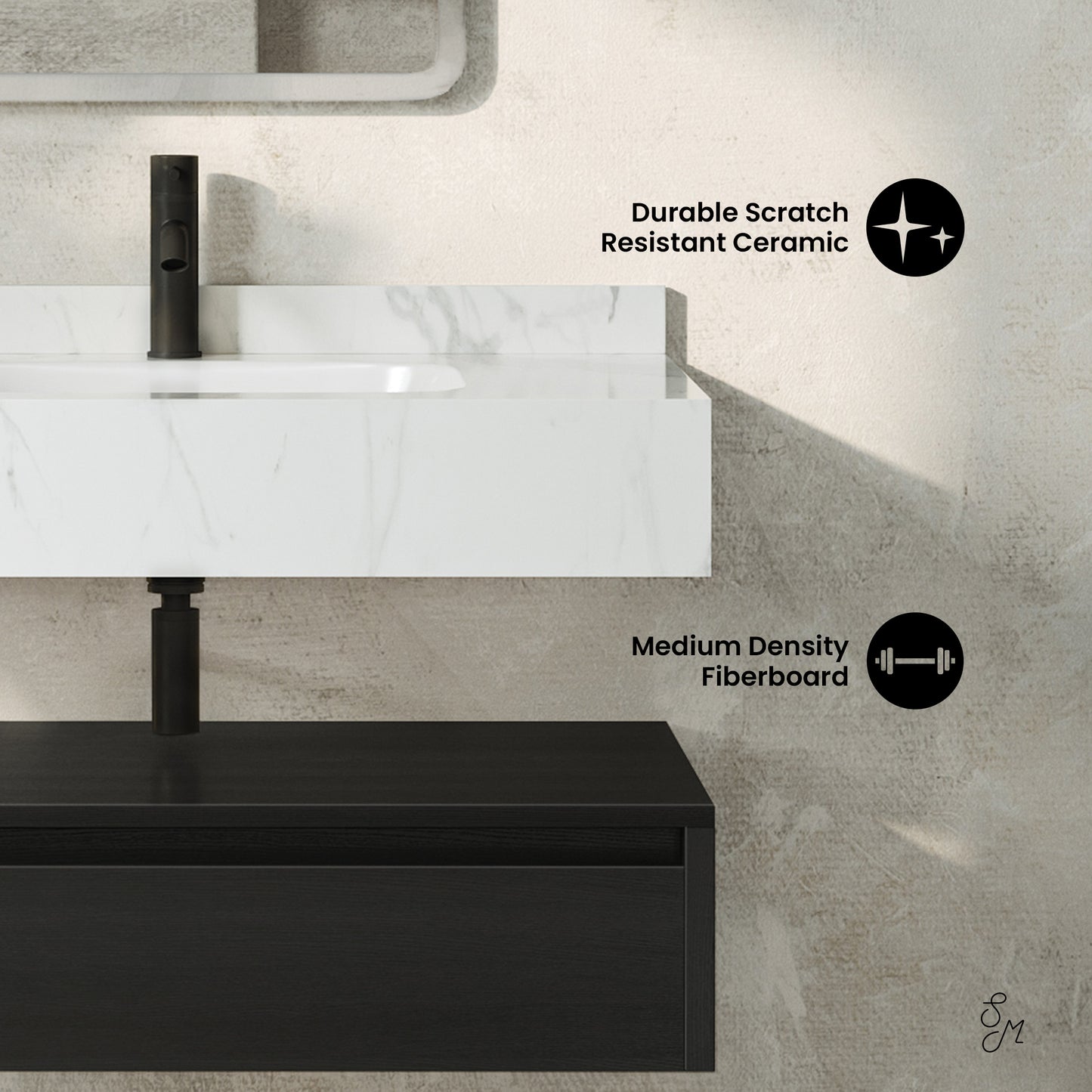 Swiss Madison, Avancer 36" Wall-Mounted Bathroom Vanity in Black Oak with White Marble Sink Top