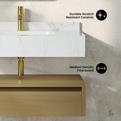 Swiss Madison, Avancer 36" Wall-Mounted Bathroom Vanity in Natural Oak with White Marble Sink Top