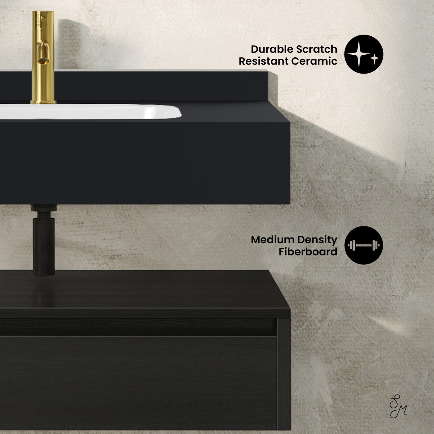 Swiss Madison, Avancer 36" Wall-Mounted Bathroom Vanity in Black Oak with Black Marble Sink Top