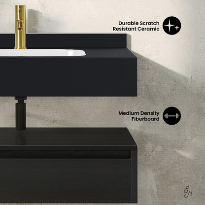 Swiss Madison, Avancer 36" Wall-Mounted Bathroom Vanity in Black Oak with Black Marble Sink Top