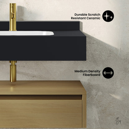 Swiss Madison, Avancer 36" Wall-Mounted Bathroom Vanity in Natural Oak with Black Marble Sink Top