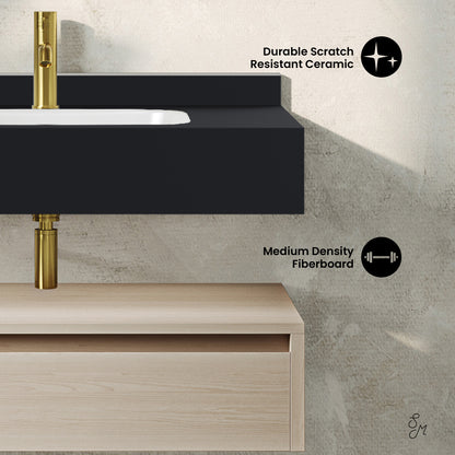 Swiss Madison, Avancer 36" Wall-Mounted Bathroom Vanity in White Oak with Black Marble Sink Top