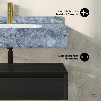 Swiss Madison, Avancer 36" Wall-Mounted Bathroom Vanity in Black Oak with Blue Celeste Sink Top
