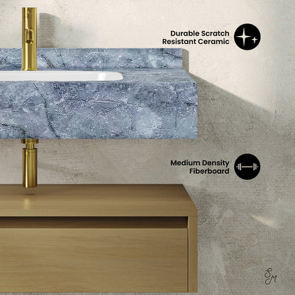 Swiss Madison, Avancer 36" Wall-Mounted Bathroom Vanity in Natural Oak with Blue Celeste Sink Top