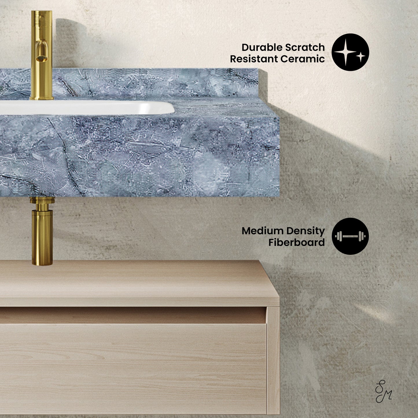 Swiss Madison, Avancer 36" Wall-Mounted Bathroom Vanity in White Oak with Blue Celeste Sink Top