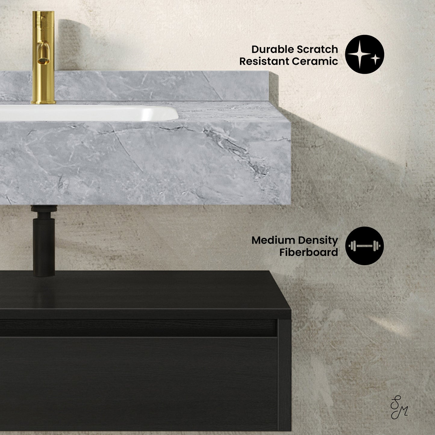 Swiss Madison, Avancer 36" Wall-Mounted Bathroom Vanity in Black Oak with Storm Grey Sink Top