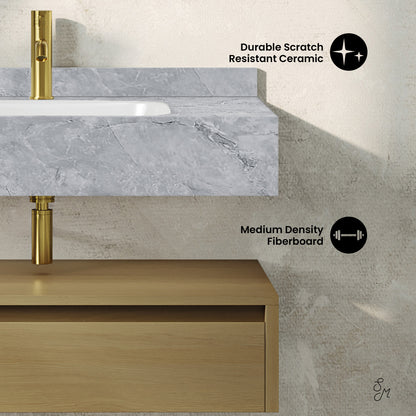 Swiss Madison, Avancer 36" Wall-Mounted Bathroom Vanity in Natural Oak with Storm Grey Sink Top