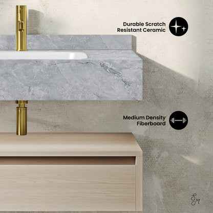 Swiss Madison, Avancer 36" Wall-Mounted Bathroom Vanity in White Oak with Storm Grey Sink Top