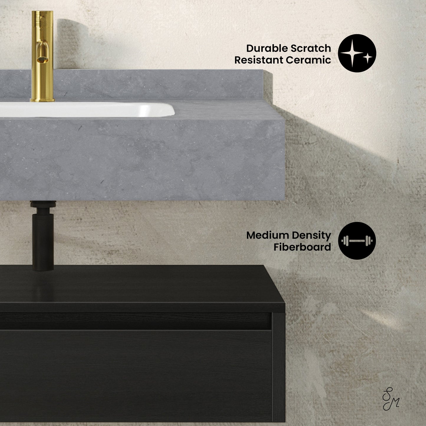 Swiss Madison, Avancer 36" Wall-Mounted Bathroom Vanity in Black Oak with Charcoal Grey Sink Top