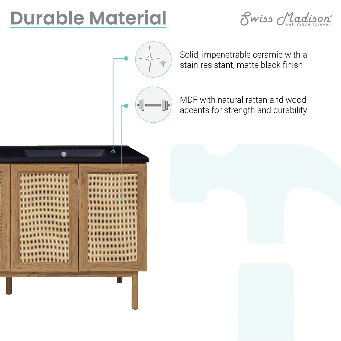 Swiss Madison, Classe 60" Freestanding Bathroom Vanity in Golden Oak with Black 3-Hole Widespread Double Basin Sink Top