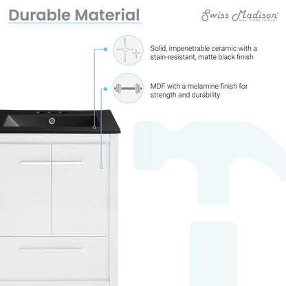 Swiss Madison, Virage 24 in. White Bathroom Vanity With Black, 3-Hole Ceramic Sink Top