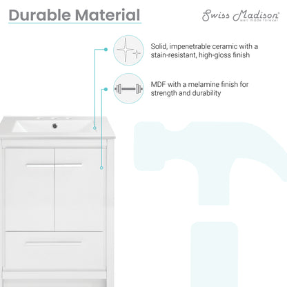 Swiss Madison, Virage 24 in. White Bathroom Vanity With White, 3-Hole Ceramic Sink Top