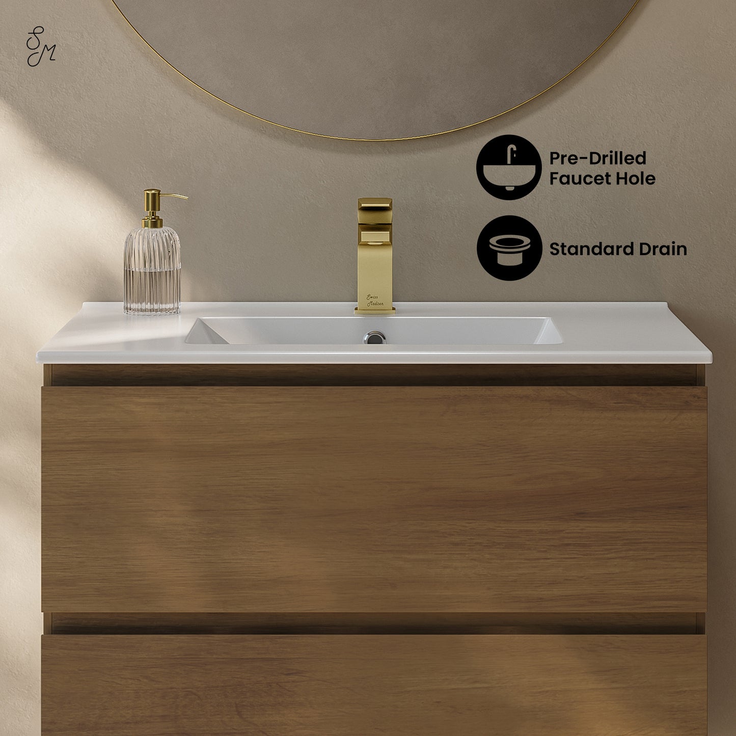 Swiss Madison, Liberte 30" Freestanding Bathroom Vanity in Brown Oak with Sink Top